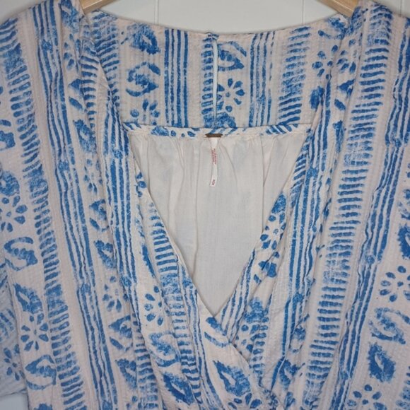 FREE PEOPLE Romper Women V-neck Belted Textured Printed Short Sleeve - Picture 12 of 12